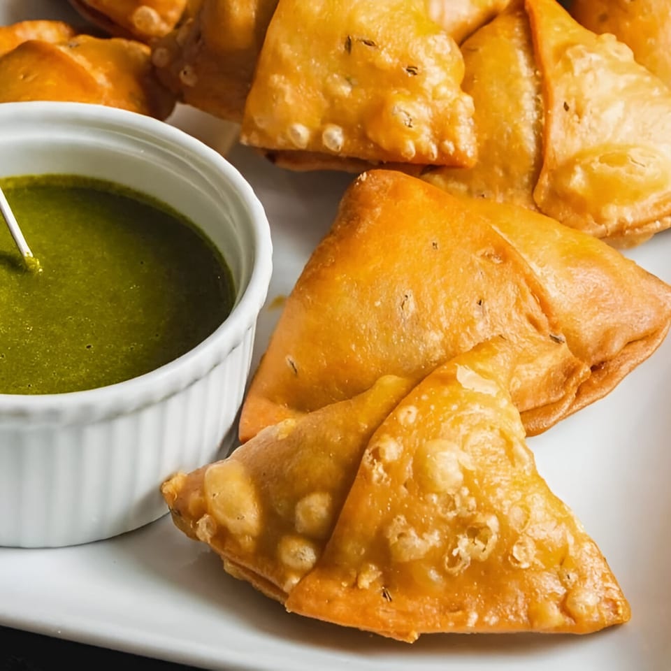 Golden-brown samosas with a side of vibrant green chutney in a white ramekin.