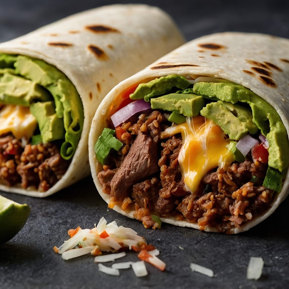 Two burritos filled with meat, rice, avocado, cheese, and red onion, with a lime wedge.