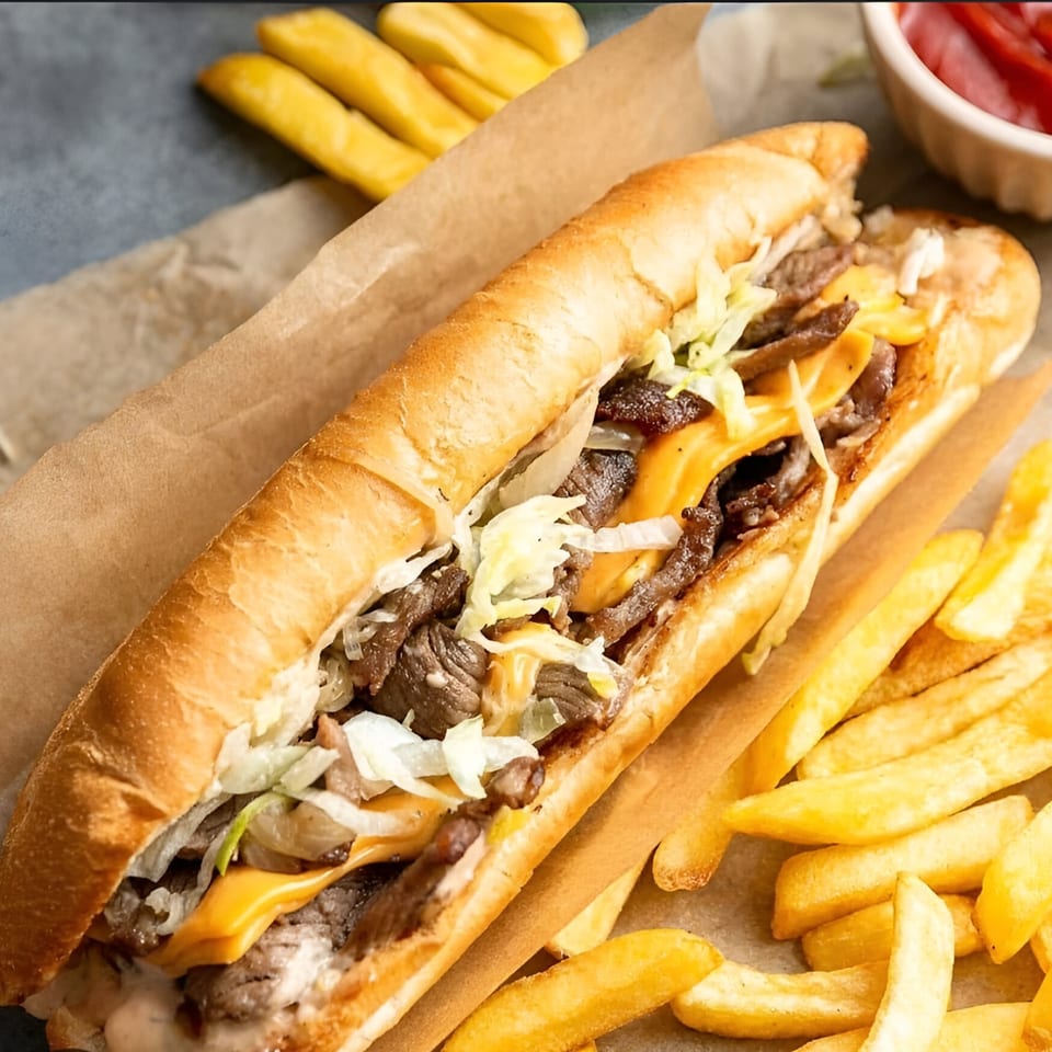 A long gyro sandwich with meat, cheese, and lettuce, served with golden french fries.